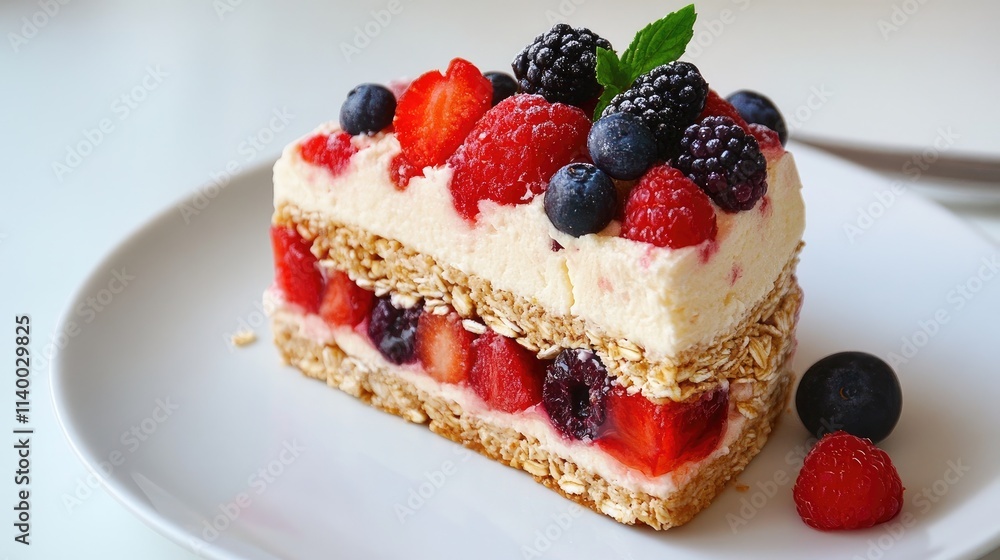 Healthy layered fruit and muesli cake with berries and creamy topping on a white plate, appealing to health-conscious dessert lovers Healthy layered fruit and muesli cake with berries and creamy topping on a white plate, appealing to health-conscious dessert lovers