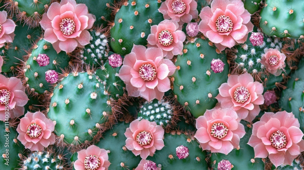 Cactus with Pink Flowers on Diamond Pattern Background Top View Floral Nature Design Cactus with Pink Flowers on Diamond Pattern Background Top View Floral Nature Design