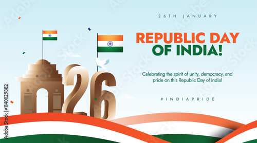 Republic Day of India. India cover with Indian Flag golden number, India gate, modern elements. Indian Republic Day celebration banner for social media.