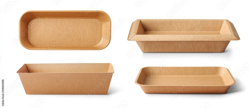 Eco-friendly brown paper food trays on white background showcasing various angles and designs suitable for sustainable packaging solutions Eco-friendly brown paper food trays on white background showcasing various angles and designs suitable for sustainable packaging solutions