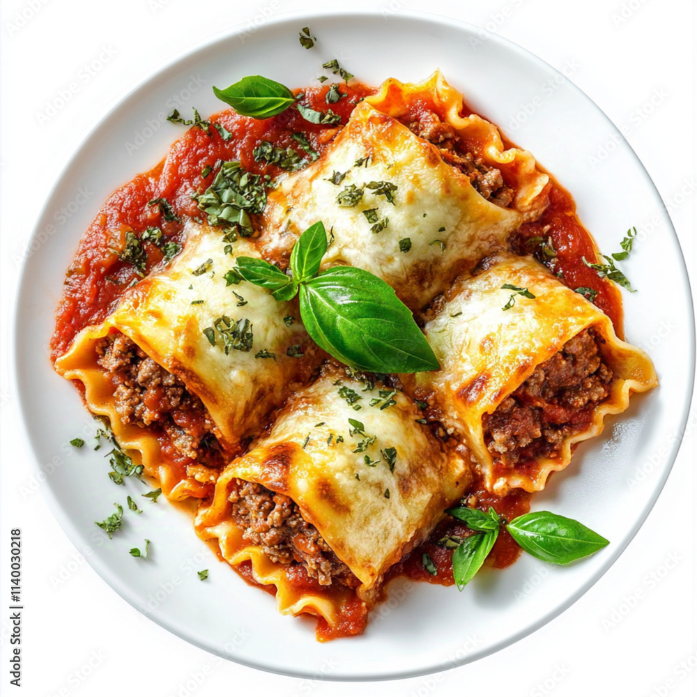 A mouthwatering food dish featuring lasagna rolls filled with cooked, crumbled beef burger patty mixed with marinara sauce. white background A mouthwatering food dish featuring lasagna rolls filled with cooked, crumbled beef burger patty mixed with marinara sauce. white background