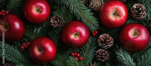 Festive Christmas decoration arrangement with red apples pine needles and pine cones creating a warm holiday atmosphere