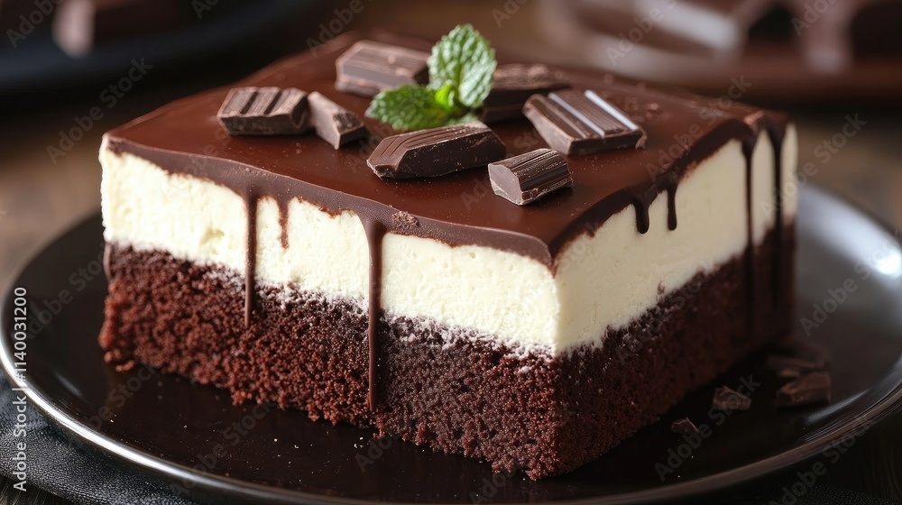 Decadent Layered Chocolate Cake with White Cream and Dark Chocolate Garnish on Plate Decadent Layered Chocolate Cake with White Cream and Dark Chocolate Garnish on Plate
