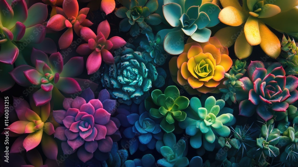Vibrant rainbow succulent and cactus arrangement captured from above showcasing diverse colors and textures in a natural setting Vibrant rainbow succulent and cactus arrangement captured from above showcasing diverse colors and textures in a natural setting