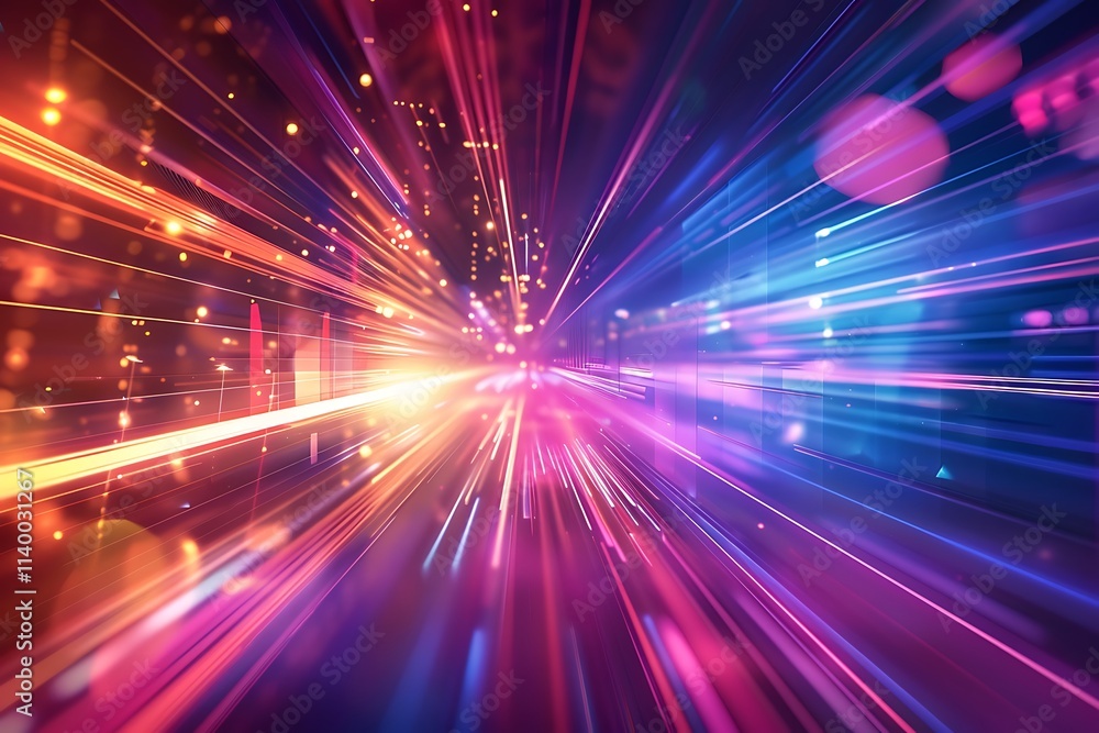 Abstract depiction of light speed travel with blue and red streaks converging on a bright central point, Abstract Tunnel of Light and Data Streams.
Abstract depiction of light speed travel with blue and red streaks converging on a bright central point, Abstract Tunnel of Light and Data Streams.