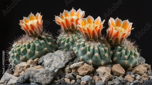 Uebelmannia Cactus in Bloom Set Against Natural Stones and Dark Background Showcasing Unique Flora and Vibrant Colors in Studio Photography photo