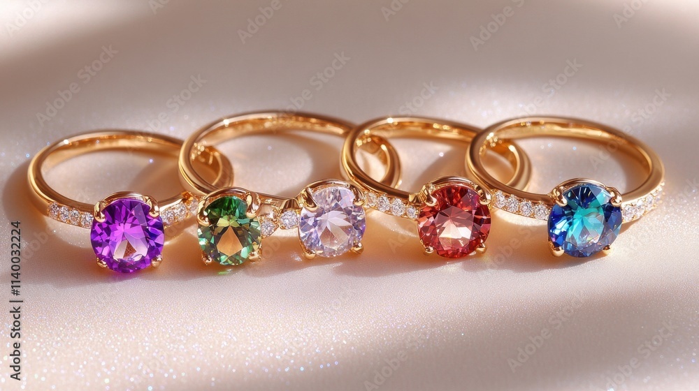 Elegant Gold Rings with Colorful Gemstones on Soft Background Elegant Gold Rings with Colorful Gemstones on Soft Background