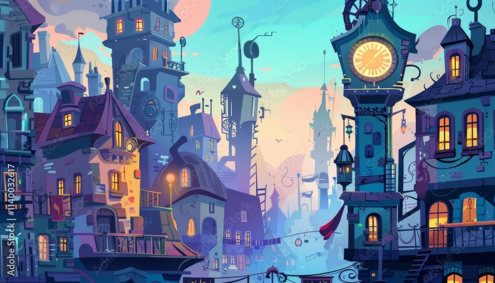Obraz premium Steampunkc cityscape. Steampunk town, Vintage city with towering struckture. Urban fantasy landscape. Background illustration.