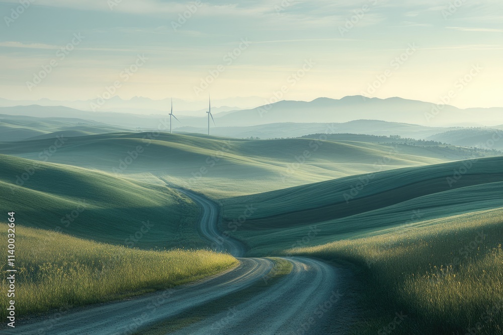 Serene rolling hills at sunrise, wind turbines in distance, a scenic country road winds through the landscape. Serene rolling hills at sunrise, wind turbines in distance, a scenic country road winds through the landscape.