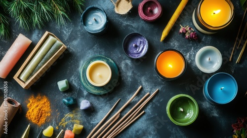 A cozy candle-making corner with molds and scented waxes, Candle-making supplies and tools laid out, Artistic and aromatic style photo