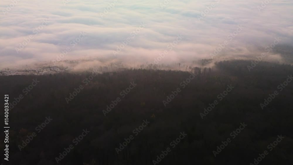 View from Mount Ślęża at sunrise, bird's eye view, Lower Silesia, Poland. View from Mount Ślęża at sunrise, bird's eye view, Lower Silesia, Poland.