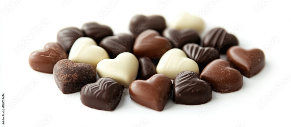 Assorted heart-shaped chocolates arranged on a clean white background ideal for Valentine's Day or gift-related themes. Assorted heart-shaped chocolates arranged on a clean white background ideal for Valentine's Day or gift-related themes.