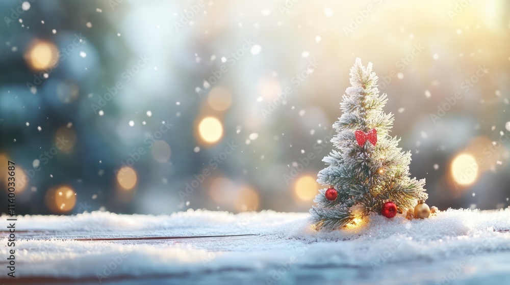 Christmas scene with small decorated fir tree on snow-covered wooden background creating a cozy atmosphere for festive holiday celebrations Christmas scene with small decorated fir tree on snow-covered wooden background creating a cozy atmosphere for festive holiday celebrations