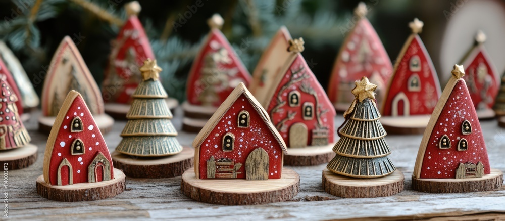 Fototapeta premium Charming wooden Christmas decorations in red and brown hues showcasing festive trees and houses on a rustic surface