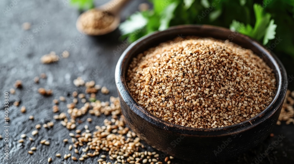 Chuka salad with sesame seeds in a rustic bowl surrounded by fresh greens and spices on a dark stone surface