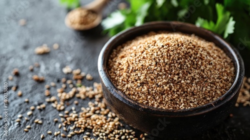 Wallpaper Mural Chuka salad with sesame seeds in a rustic bowl surrounded by fresh greens and spices on a dark stone surface Torontodigital.ca