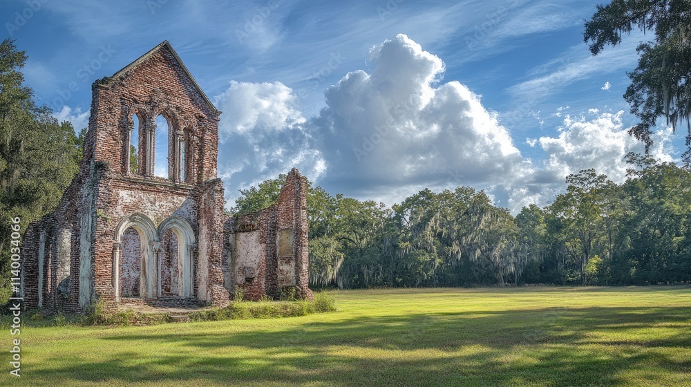 Historic Church Ruins Surrounded by Lush Greenery Under a Dramatic Sky in a Scenic Landscape Historic Church Ruins Surrounded by Lush Greenery Under a Dramatic Sky in a Scenic Landscape