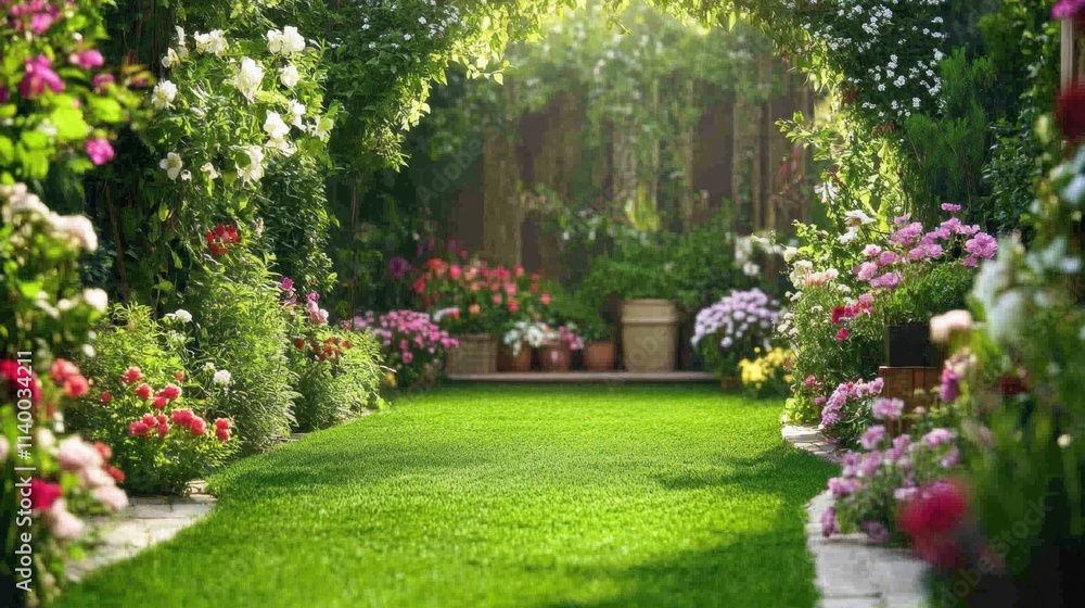 Fototapeta premium Serene Garden Pathway Surrounded by Colorful Flowers and Foliage