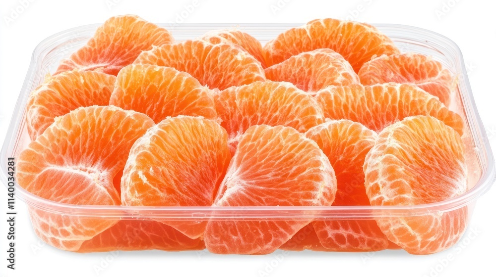 A clear container filled with neatly arranged orange citrus fruit segments. A clear container filled with neatly arranged orange citrus fruit segments.