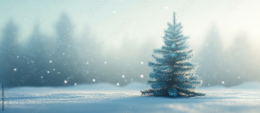 Snow-covered Christmas tree in serene winter landscape with soft focus and ample copy space for holiday-themed designs and promotions Snow-covered Christmas tree in serene winter landscape with soft focus and ample copy space for holiday-themed designs and promotions