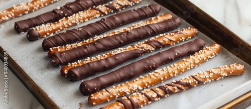 Chocolate dipped pretzel rods with sprinkles arranged neatly on parchment-lined baking sheet ready for serving or packaging. photo