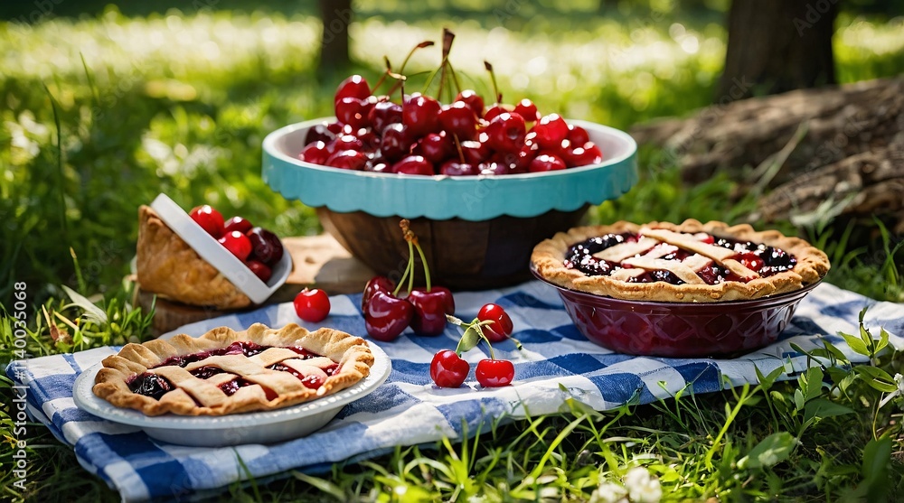 Fototapeta premium Bright picnic gathering amidst wildflowers celebrating summer's bounty with cherry pies and fresh cherries in a vibrant natural setting