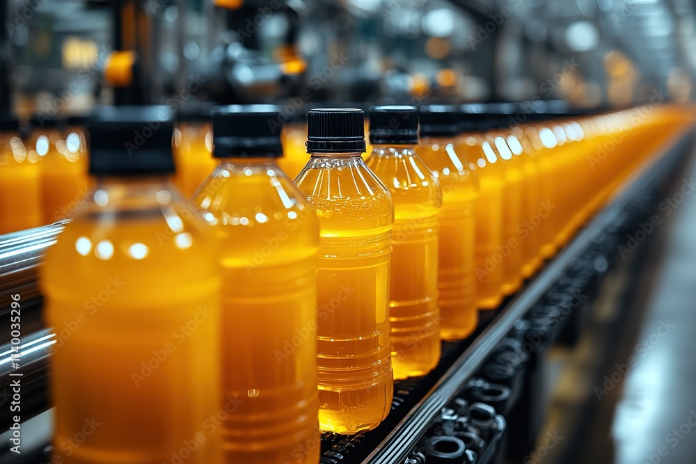 A row of orange bottles on a conveyor belt A row of orange bottles on a conveyor belt