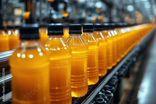 A row of orange bottles on a conveyor belt