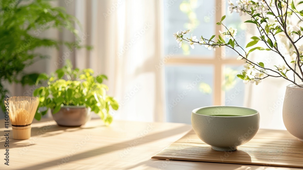 Serene Table Scene with Green Bowl, Fresh Herbs, and Natural Light in Cozy Room Serene Table Scene with Green Bowl, Fresh Herbs, and Natural Light in Cozy Room
