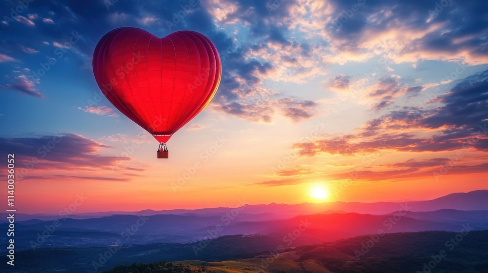 Fototapeta premium Romantic Hot Air Balloon in Heart Shape Against Sunset Sky