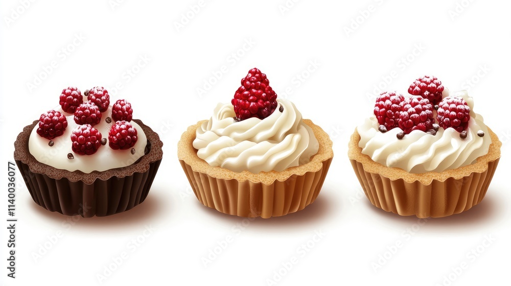 Tartlet desserts with whipped cream and raspberry toppings displayed on a white background for a tempting sweet treat concept. Tartlet desserts with whipped cream and raspberry toppings displayed on a white background for a tempting sweet treat concept.