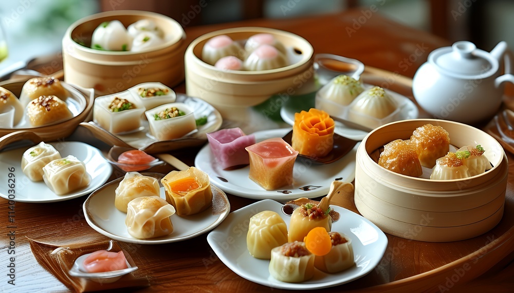 Assortment of Delicious Dim Sum Delights on Table Setting for Chinese Cuisine Assortment of Delicious Dim Sum Delights on Table Setting for Chinese Cuisine