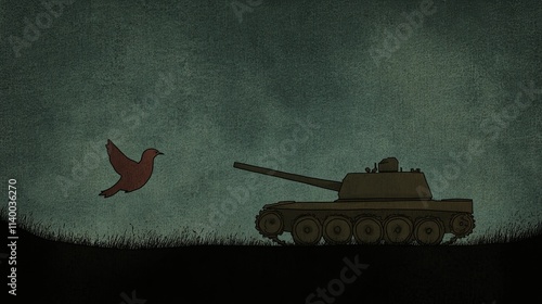 A lone bird flies past a tank, a powerful image of hope and resilience in the face of conflict. photo