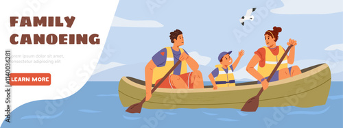 Family canoeing horizontal banner with parents and a child in canoe on the lake flat vector illustration.