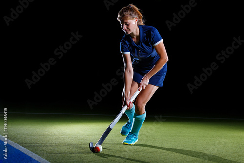 Competitive female hockey player practices on a lit field during night