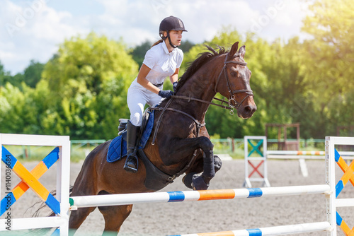 Fényképezés Equestrian show jumping competition with rider and horse in sunny arena