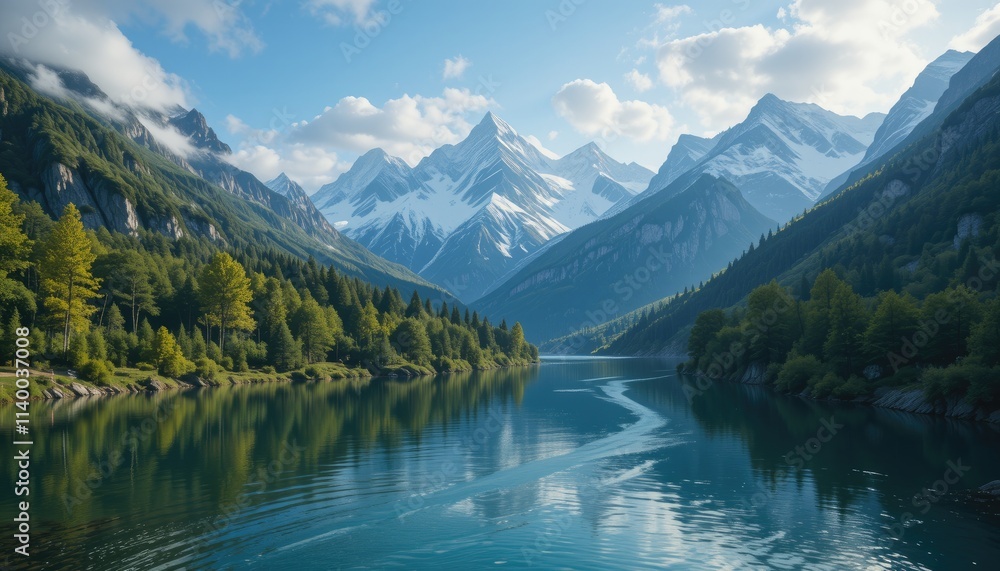 Serene alpine lake reflecting snow-capped mountains and lush green forests. Serene alpine lake reflecting snow-capped mountains and lush green forests.