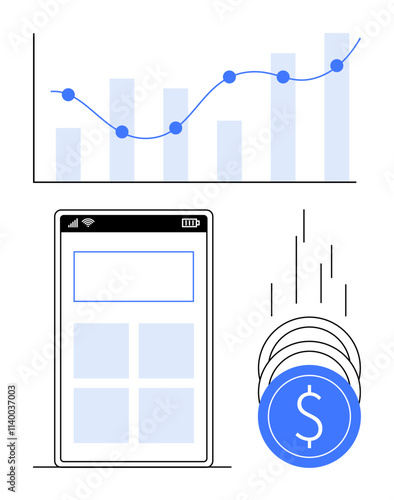 Bar and line graph tracking growth, mobile device with financial data interface, and stack of coins indicating transactions. Ideal for financial tracking, mobile banking, investments, budgeting