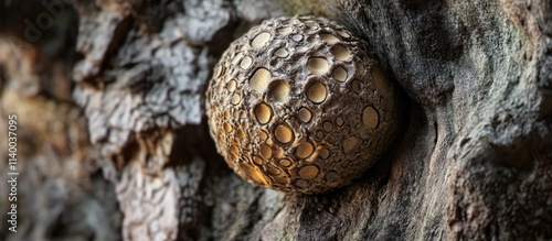 Textured decorative bauble on tree trunk showcasing natural patterns and intricate details in a close-up view.