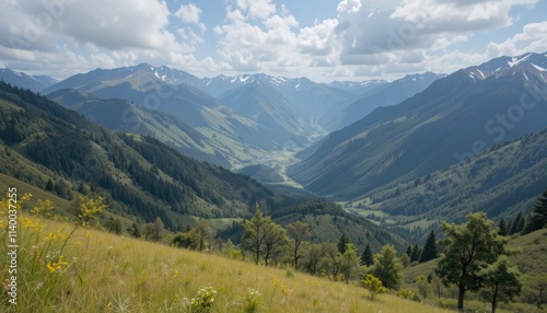 Panoramic View of a Mountain Valley with Lush Green Slopes and Patches of Snow