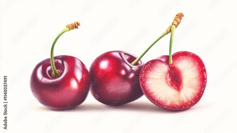 Three cherries, two whole and one sliced, showcasing vibrant colors and textures. Three cherries, two whole and one sliced, showcasing vibrant colors and textures.