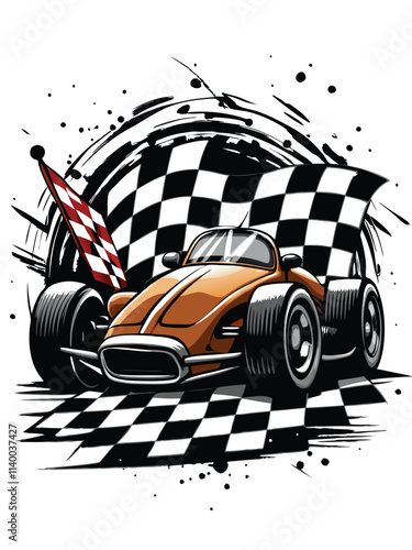 Create a vector illustration of a retro racing car silhouette, incorporating dynamic speed lines and a vibrant color scheme.  The design should evoke a sense of classic motorsport.