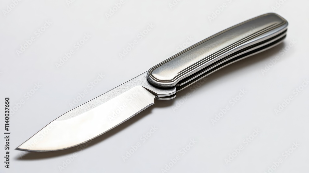 Sleek chromium pocket knife with open blade showcasing modern design and sharp edge isolated on white background Sleek chromium pocket knife with open blade showcasing modern design and sharp edge isolated on white background