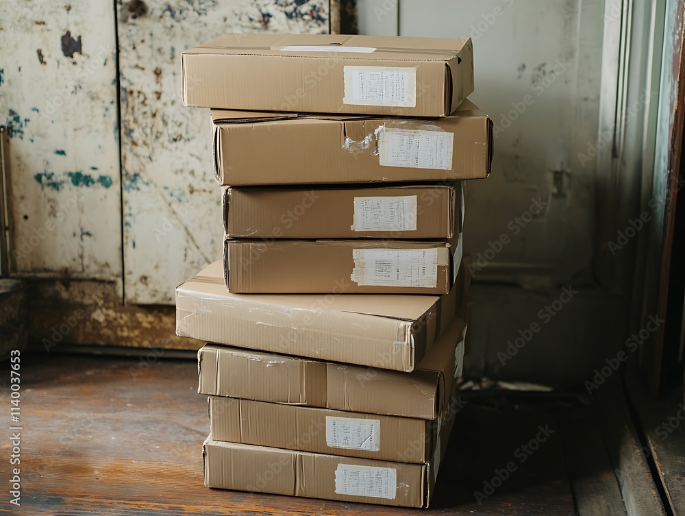 A stack of plain shipping boxes with labels A stack of plain shipping boxes with labels