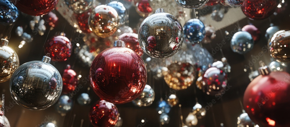 Festive Christmas Ornaments in an Elegant Overhead Arrangement for Holiday Celebrations and Seasonal Decor Festive Christmas Ornaments in an Elegant Overhead Arrangement for Holiday Celebrations and Seasonal Decor