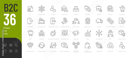 B2C Editable Icons set. Vector illustration in modern thin line style of Business related icons: customer, selling, product delivery, and more. Pictograms and infographics.