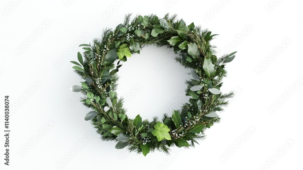Festive green Christmas wreath with assorted foliage and decorative elements on a clean white background Festive green Christmas wreath with assorted foliage and decorative elements on a clean white background