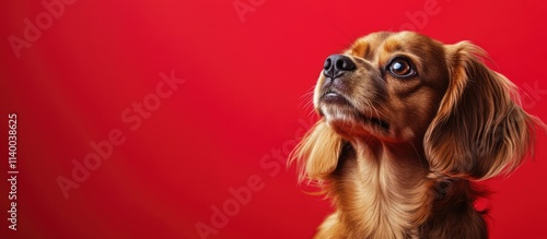 Festive dog portrait on a vibrant red background perfect for holiday themed advertising and seasonal promotions. photo