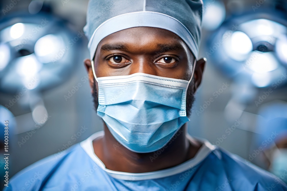 Close-up portrait of a Black male doctor with intense focus, wearing surgical scrubs, cap, and a mask in a modern hospital operating room. Close-up portrait of a Black male doctor with intense focus, wearing surgical scrubs, cap, and a mask in a modern hospital operating room.