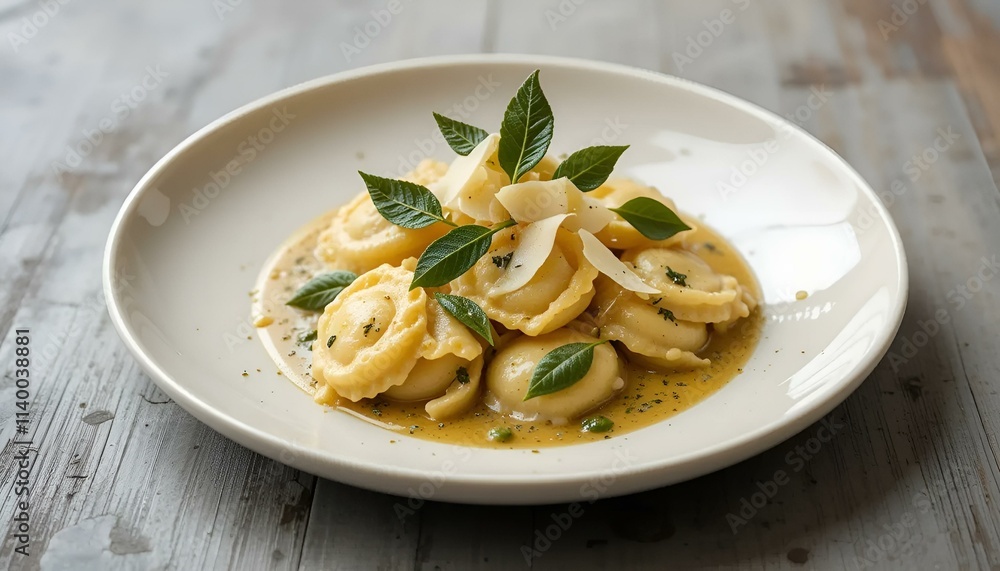 Delicious ravioli served in a flavorful sauce, garnished with fresh basil on a stylish plate Delicious ravioli served in a flavorful sauce, garnished with fresh basil on a stylish plate